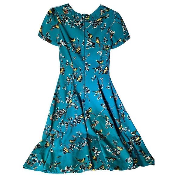 Hell Bunny Womens Blue Green Birdy Round Neck Short Sleeve A Line Dress X-Small - Picture 3 of 14